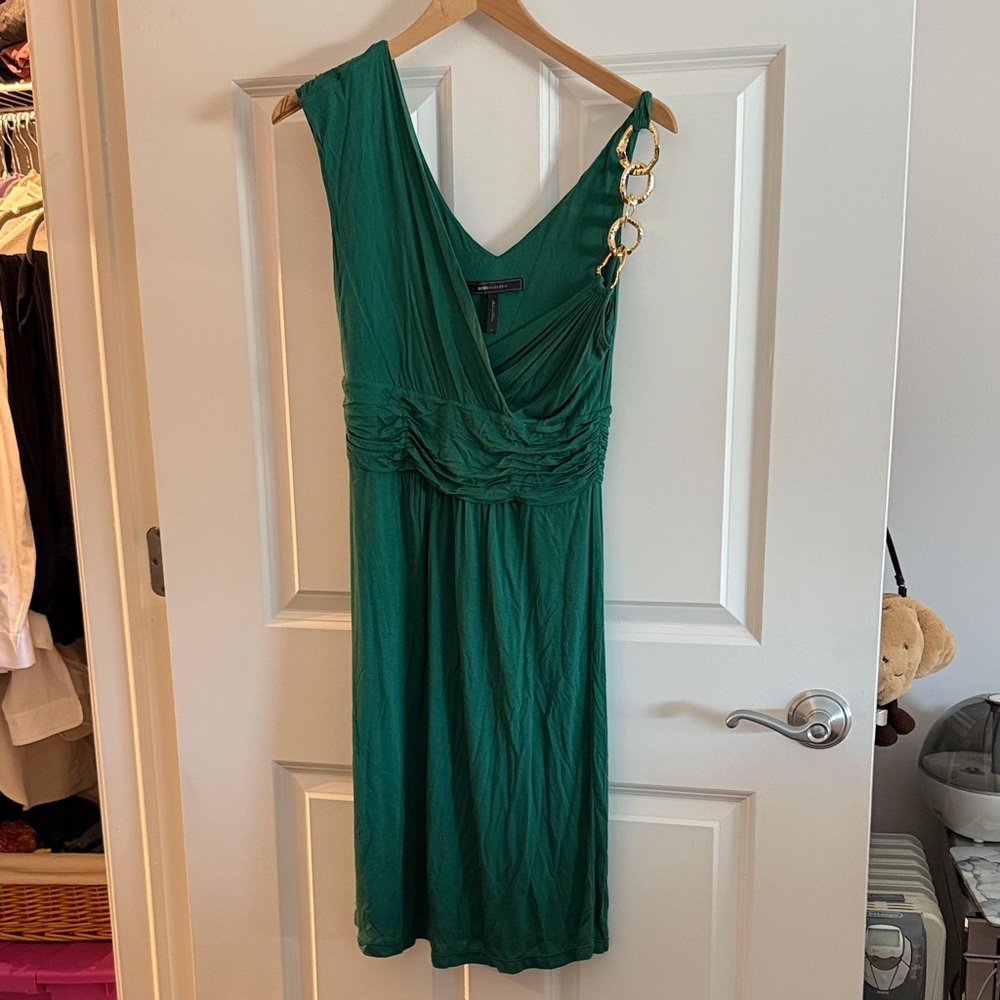 BCBGMaxAzria One Shoulder Green Dress with Gold Chain